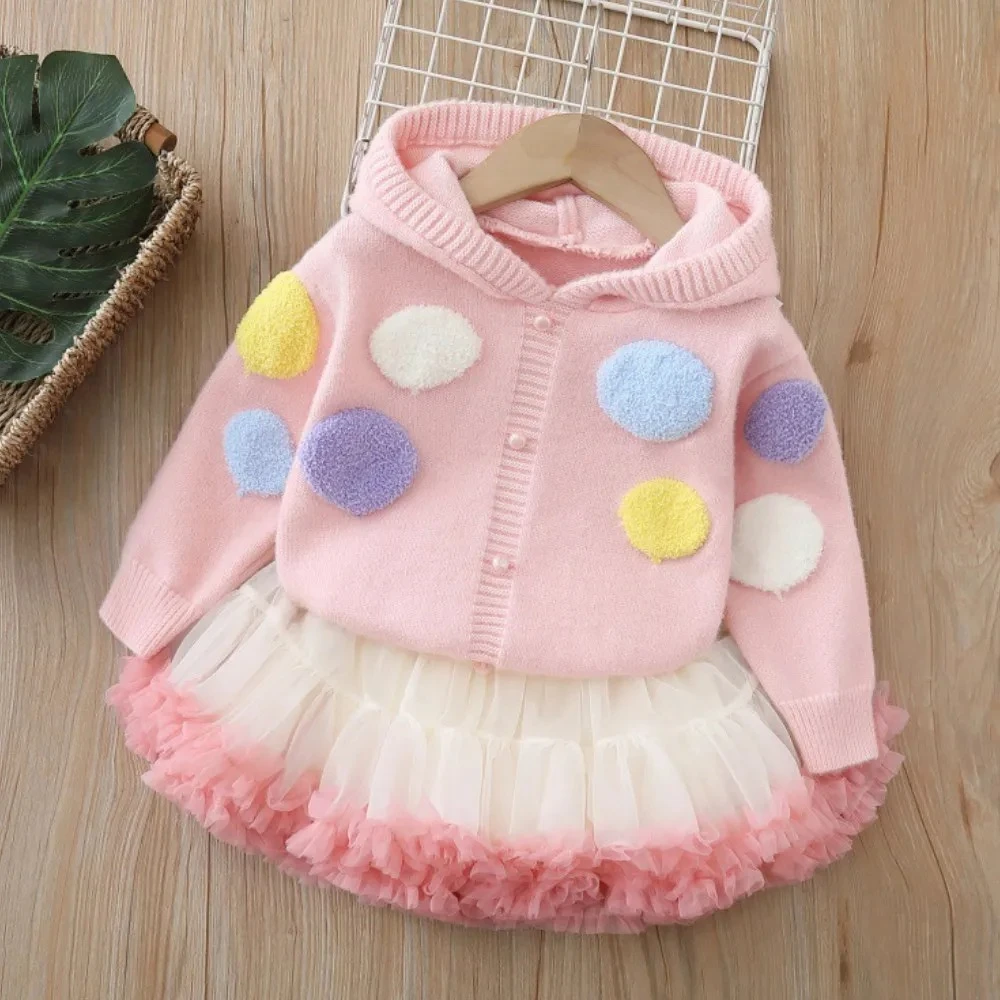 2025 Autumn/Winter New Children's Set Knitted Shirt Color Balloon Hoodie + Puff Skirt Cute Princess Two-piece Suit Girl Clothes