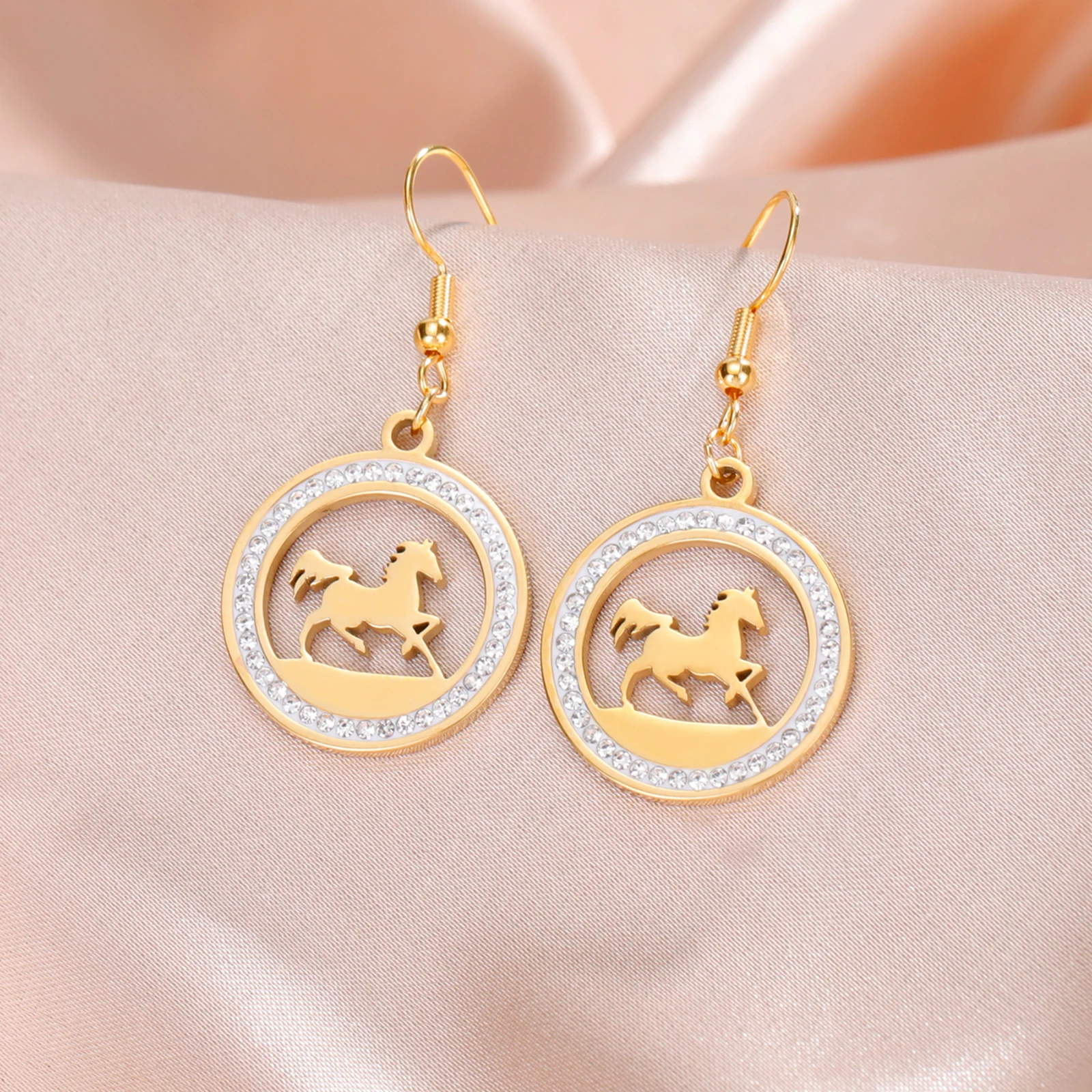 Skyrim Cool Running Horse Drop Earrings Women Girls Stainless Steel Clear Zircon Round Earrings Gold Color Animal Jewelry Gift