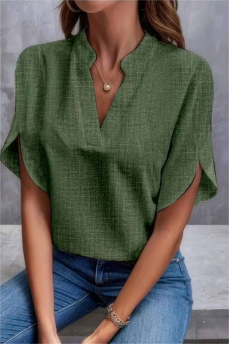 Elegant Notched V Neck Split Petal Short Sleeve Blouse With Textured Linen Like Fabric Loose Fit For Casual Daily Wear Office Lo