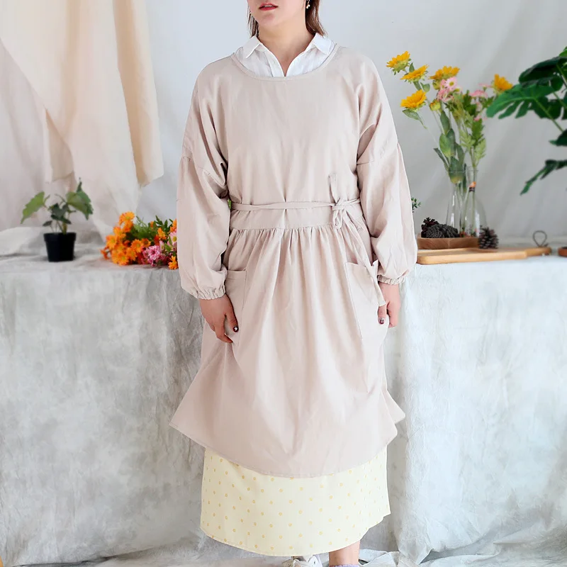 Babador de cozinha feminino japonês e coreano, totalmente de algodão, à prova d'água, manga comprida, molho reverso, com cintura, para emagrecimento