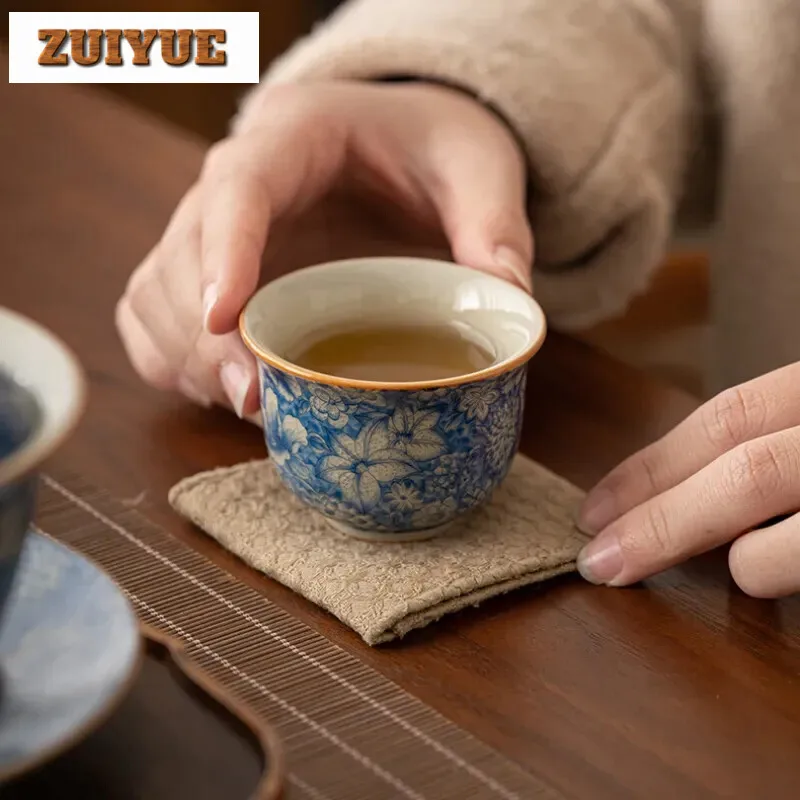 70ml Ceramic Teacup Zen Retro Lapis Lazuli Master Cup Tea Set Ceremony Accessories Blue and White Ru Kiln Ice Crackle Tea Bowl