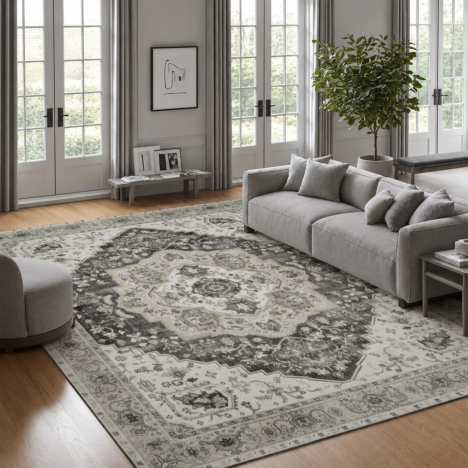 Large Indoor Area Rug, Soft Velvet Low Pile Rug with Non-slip Dotted Backing, Machine Washable Vintage Oriental Medallion Floor Carpet for Living Room, Bedroom, Neutral Distressed Gray Cream Home Decor Rug