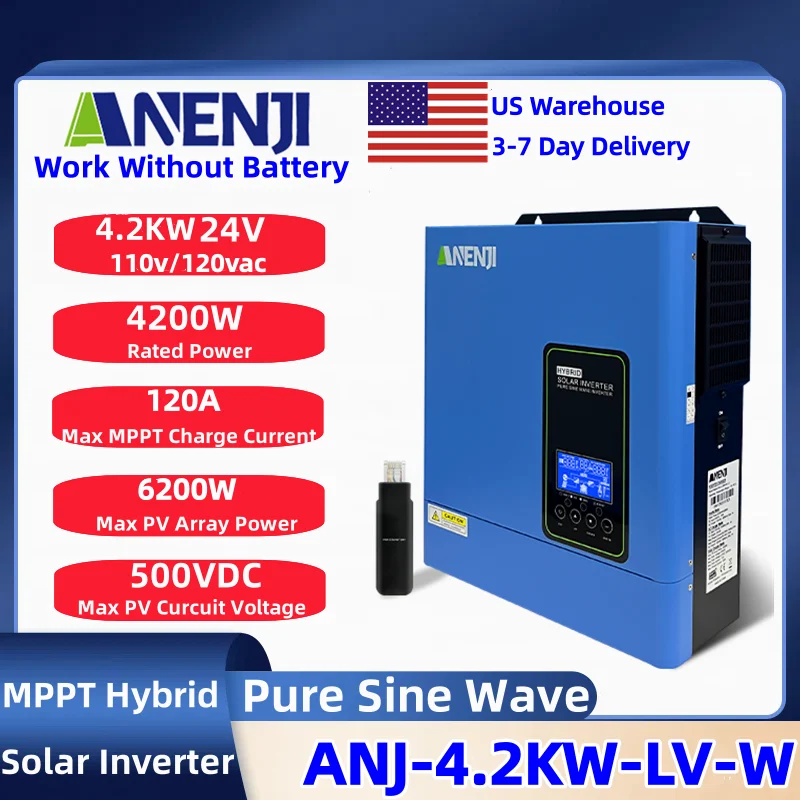 ANENJI 4.2KW 110V/120VAC Hybrid Solar Inverter 24V Off Grid Inverter Built-in 120A MPPT Solar Charge Controller Fit Home Energy