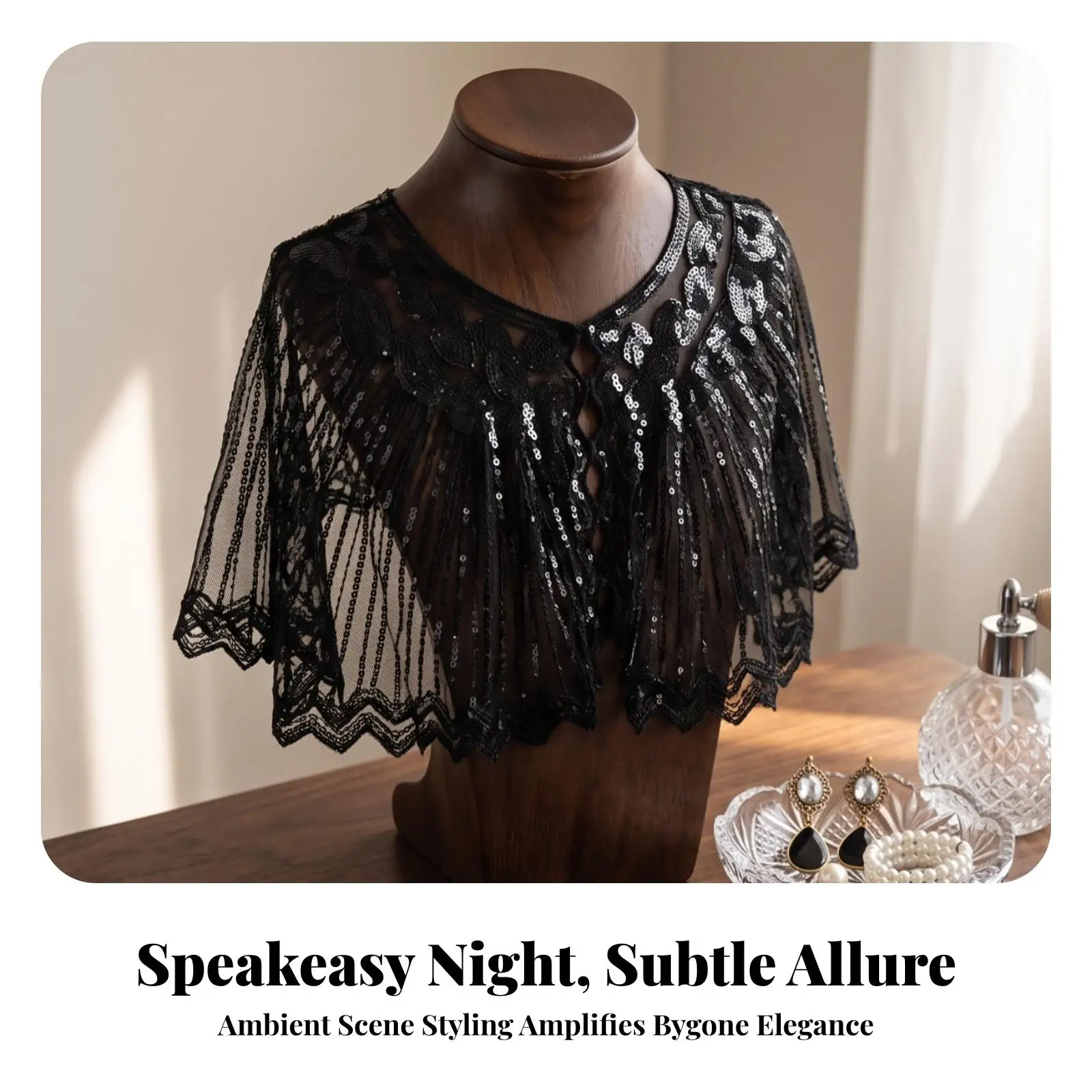Elegant Women Party Cape Sequin Wrap with Beaded Jewelry Set for 1920s Theme Party Stage Costume Vintage Accessories