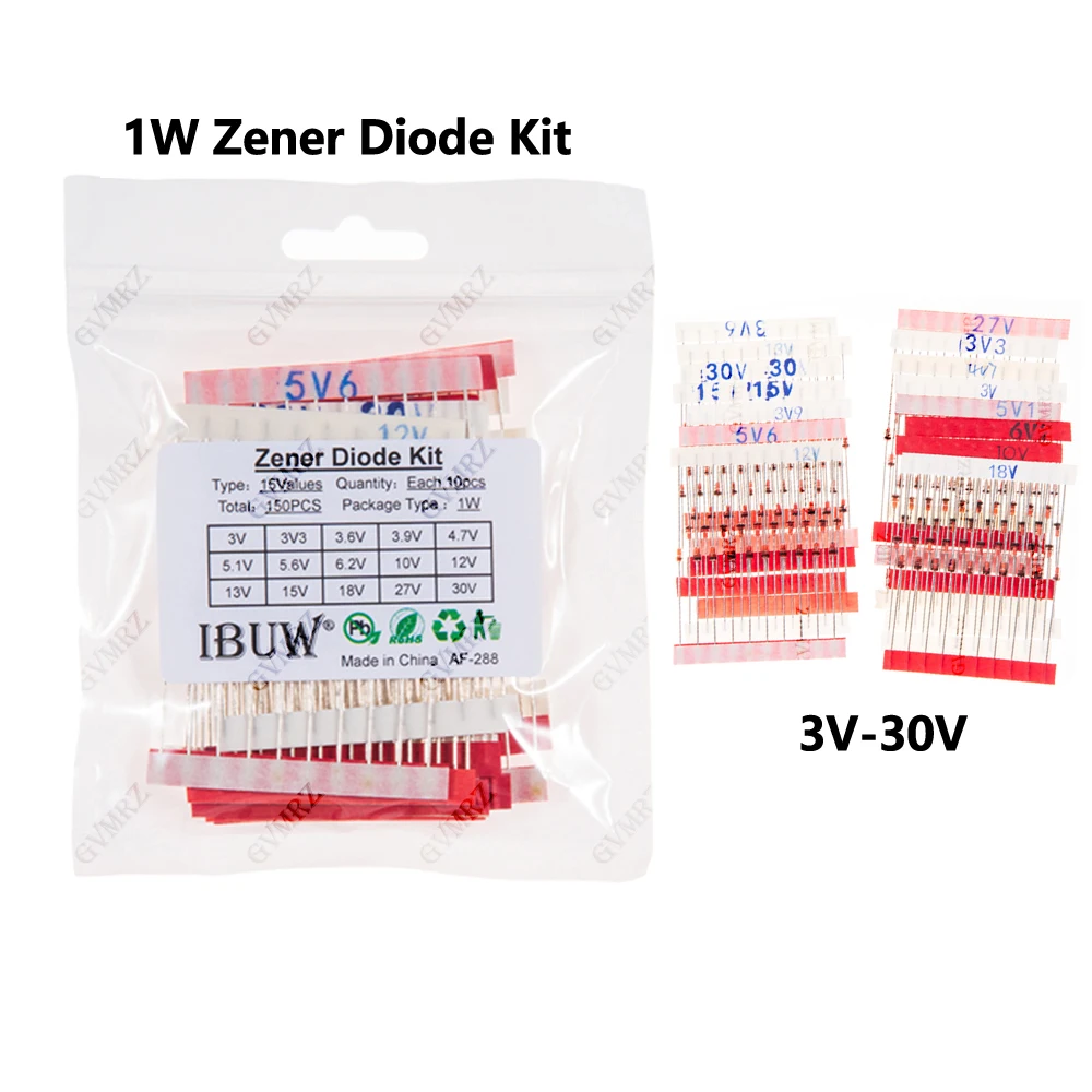 150PCS 15Values 1W Zener Diode Kit 3V-30V for Voltage Regulation Electronic Projects 3V 3V3 3.6V 3.9V 4.7V 5.1V 13V 18V