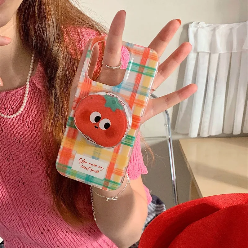 Magnetic painted fun grid phone case with tomato holder For iPhone 11 12 13 14 15 16 17 Pro max