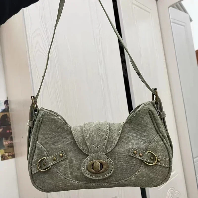 Xiuya Y2k Vintage Shoulder Bag American Street Style Rivets Green Canvas Handbag Gothic Punk Biker Cool Designers Underarm Bag