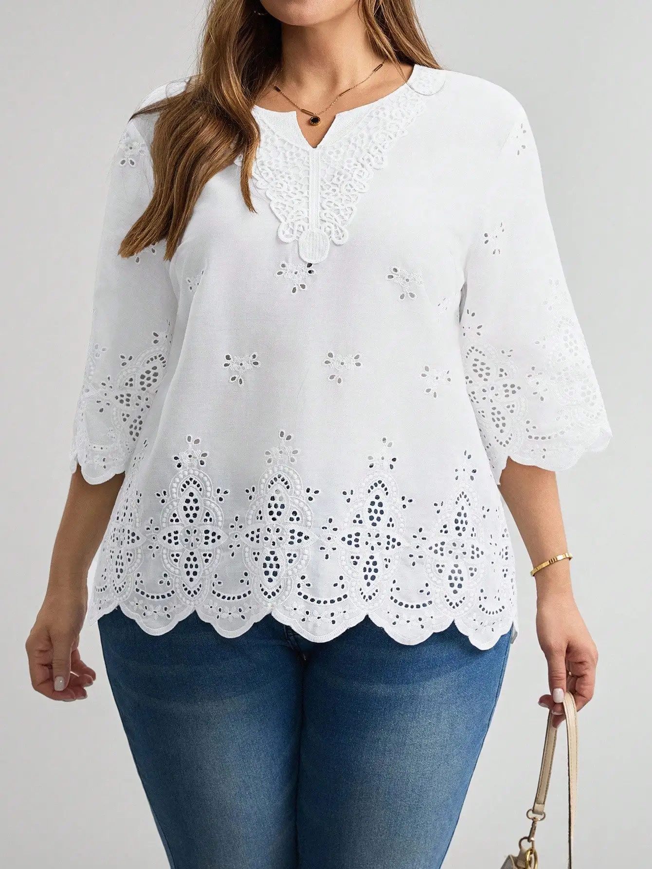 

Plus Size Women Casual Elegant Hollow Out Embroidered V-Neck Blouse