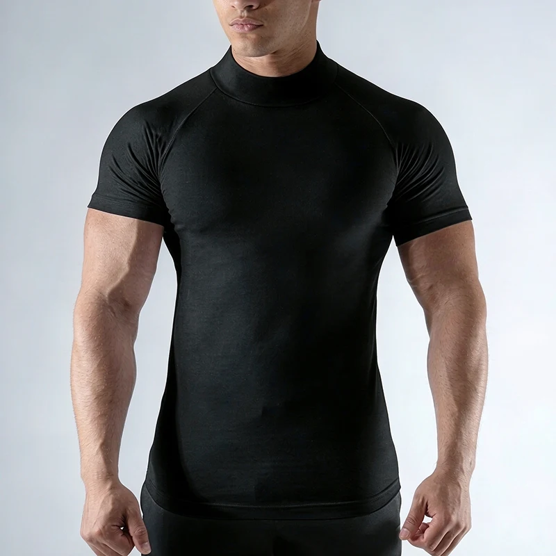 Plain Compression Shirts Mens Summer Running T-shirts Turtleneck Elastic Quick Dry Sport Tees Athletic Gym Short Sleeve T Shirt