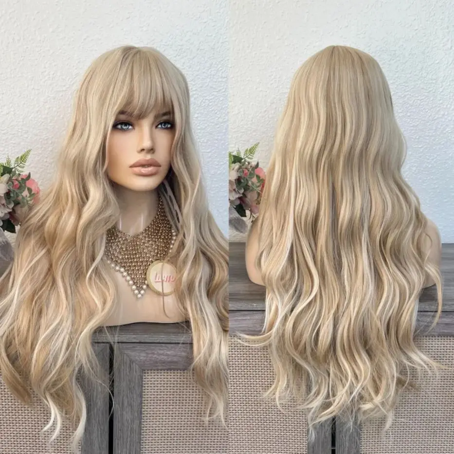 

Белые светлые парики Женский высококачественный длинный объемный волнистый синтетический парик фронта шнурка с челкой Модный натуральный предварительно сорванный парик из линии волос