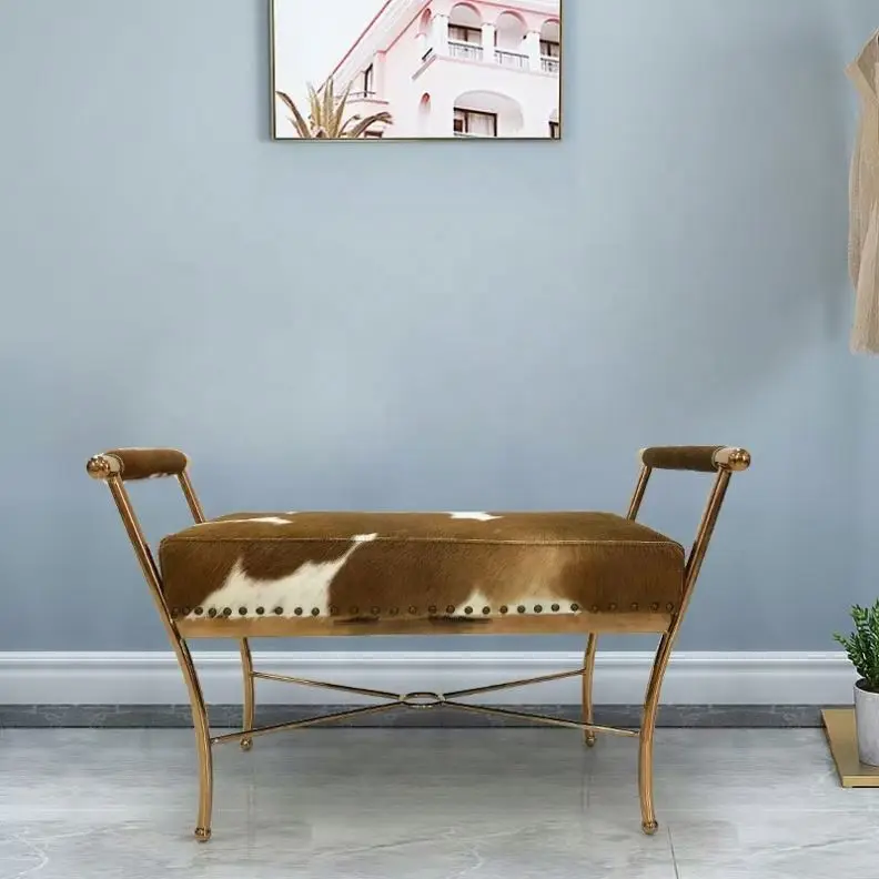 Light luxury style shoe changing stool cowhide bench stainless steel leg sofa stool bedroom furniture
