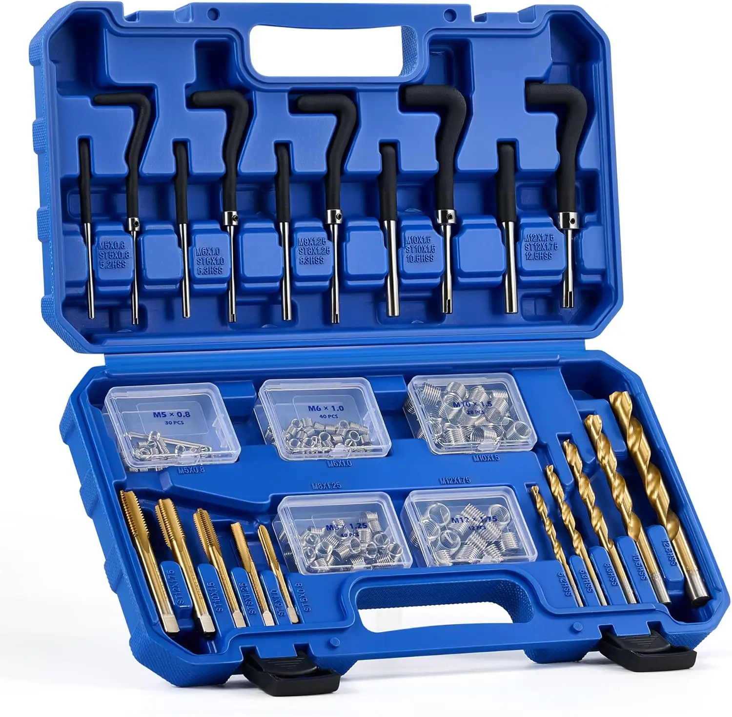 

172pc Metric Helicoil Thread Repair Kit with HSS Drill Bits, Taps, Inserts for Auto Rethreading in M5 M6 M8 M10 M12 Sizes