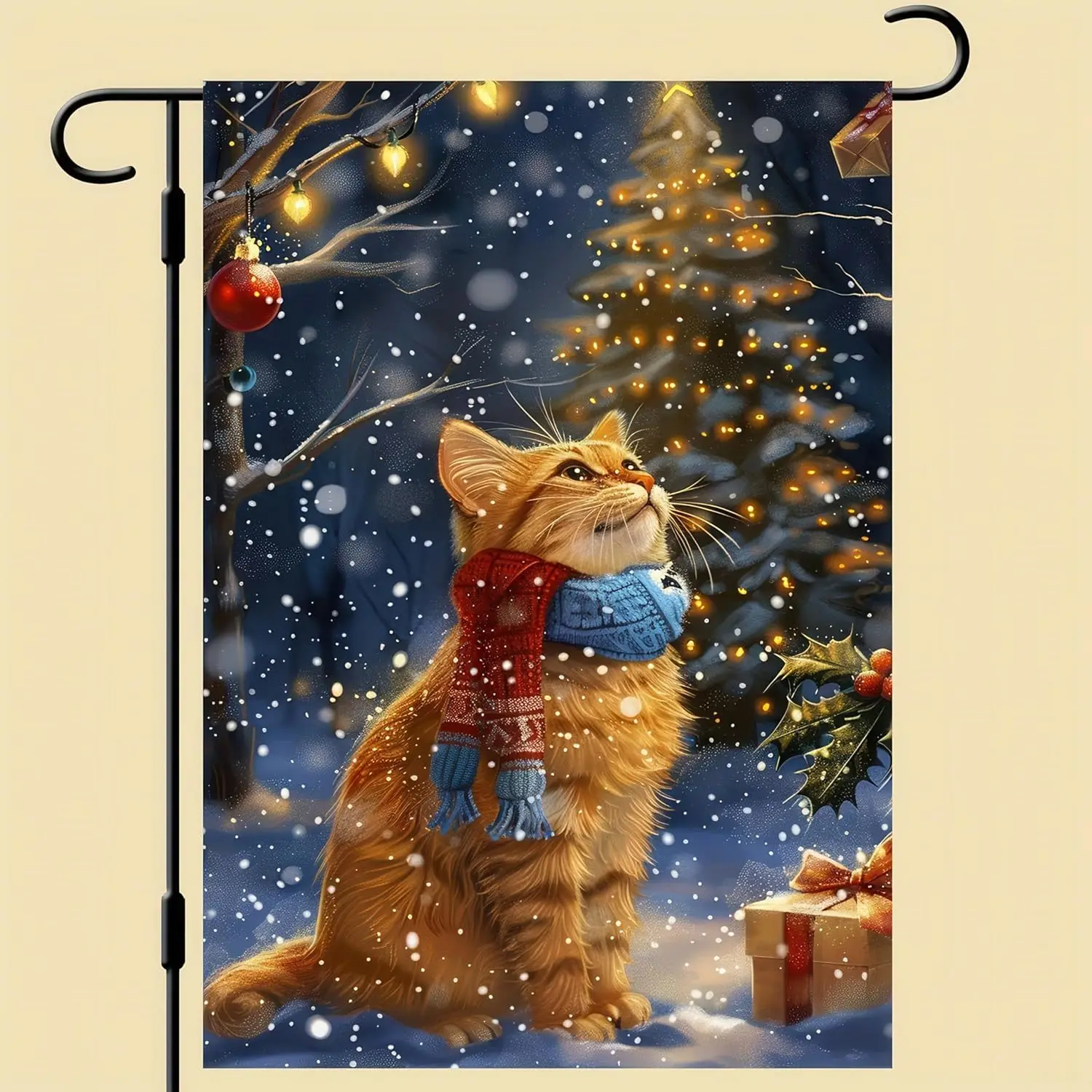 12x18 Double-Sided Vertical Christmas Cat Garden Flag - Festive Orange Cat in Snowy Winter Scene with Lights, Gifts