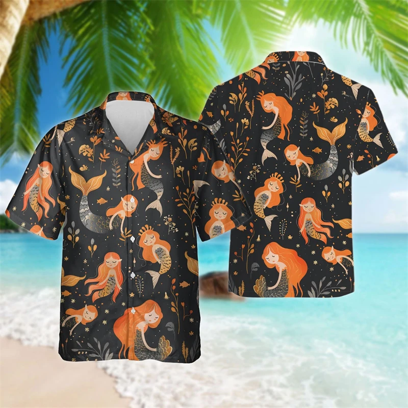 

3D Printed Kawaii Mermaidn Beach Shirts For Men Summer Hawaiian Aloha Shirt Casual Female Lapel Surfing Shirt Blouse