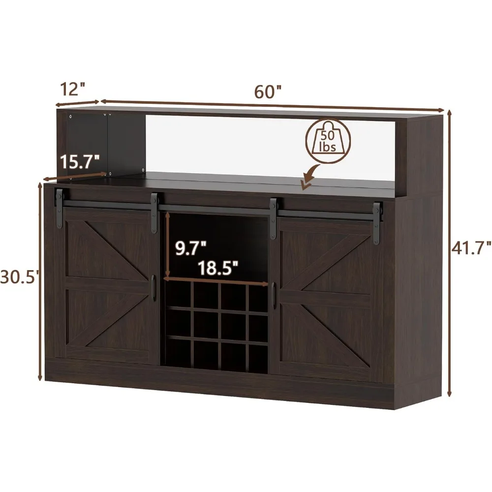 Armário de vinho de 60 ", armário de bar de vinho com porta deslizante de celeiro e 12 racks de vinho, armário de bar de café de fazenda com prateleira ajustável