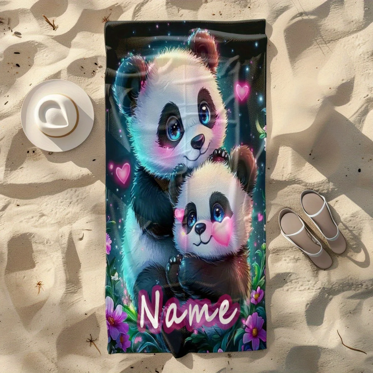 Custom Cute Panda Beach Towel Personalized Name Heart Floral 160x80cm Microfiber Bath Towels All Season Soft Absorbent Blanket