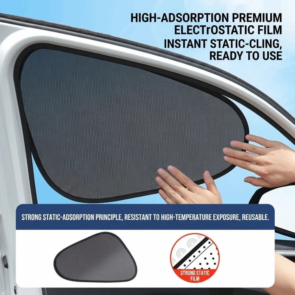 2PCS Static Cling Car Side Window Sun Shade UV Protection Semi-Transparent Static Cling Car Side Breathable Mesh Black