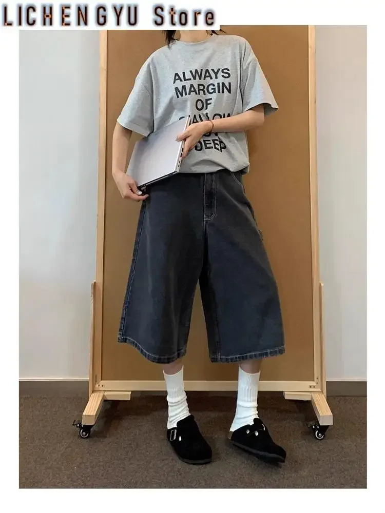 Women's Large Retro Loose Wide Leg Denim Shorts Summer Young Girl Casual Bottom Female High Waisted Straight Calf-length Pants