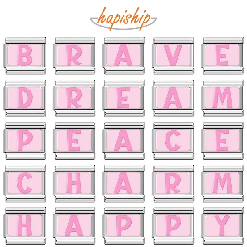 Hapiship 2025 Fashion Colorful Pink 26 English Letters Italian Charm Fit 9mm Stainless Steel Bracelet DIY Women Jewelry TZ066