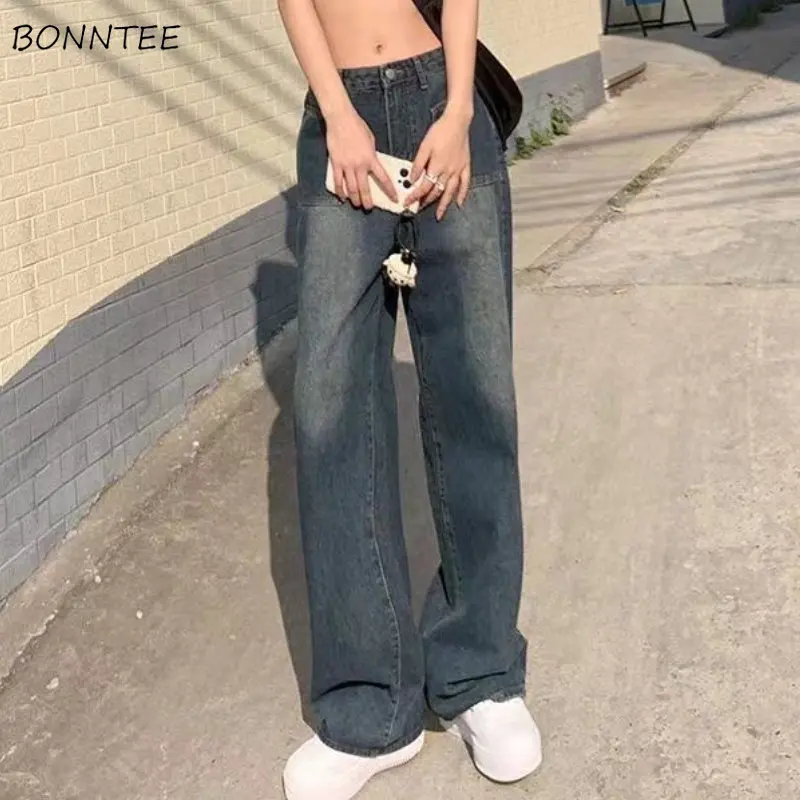 

High Waist Denim Jeans Women Straight Long Trouser Students Streetwear American Style Vintage Simple Harajuku All-match Chic BF