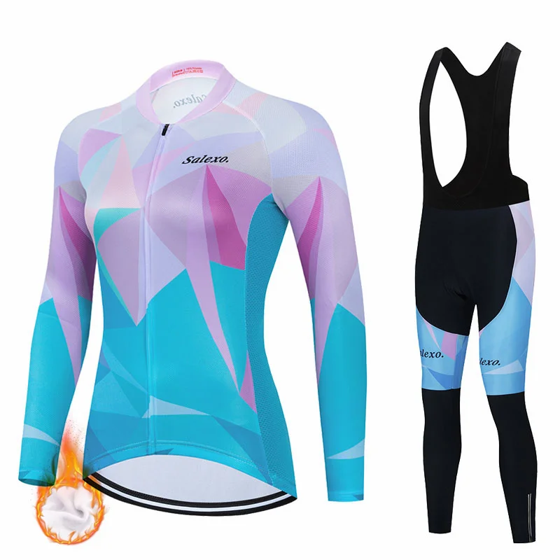 2023 Women Fashion Winter Fleece Cycling Jersey Set Bib Gel Pants Suit Ropa Ciclismo Bicycle Wear MTB Bike Jersey Bicicleta Kit