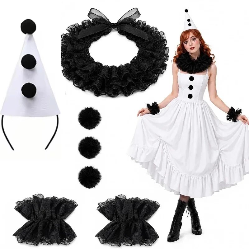 4PCS Lace Neck Ruffle Collar Wrist Cuff Set, Clown Costume Accessories Collar Cloak Role Play Costume Set Adjustable Headpiece ﻿