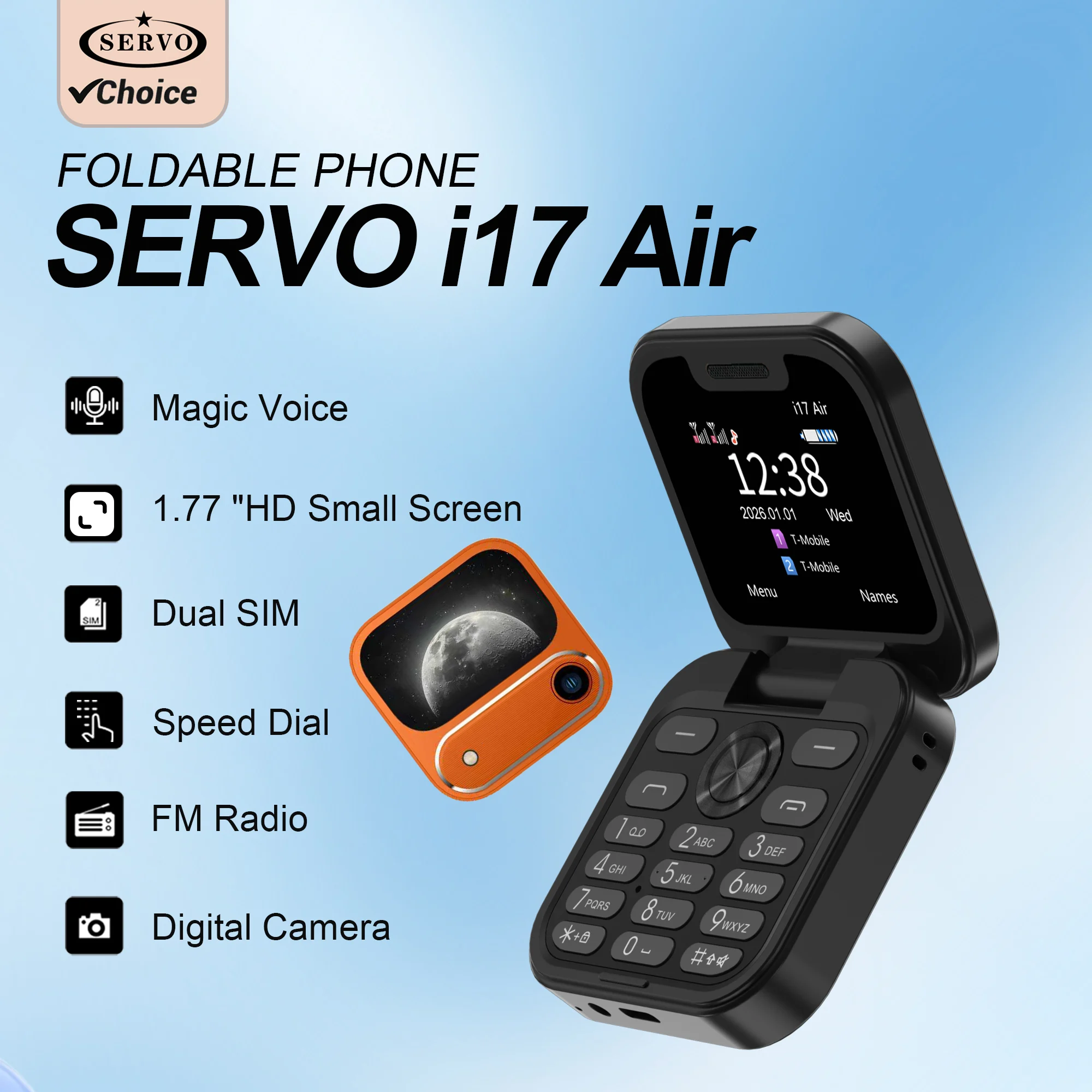 2026 جديد سيرفو i17Air 2G هاتف محمول صغير قابل للطي ثنائي الشريحة سرعة الطلب القائمة السوداء مصباح يدوي سجل المكالمات الوجه الهاتف المحمول راديو FM