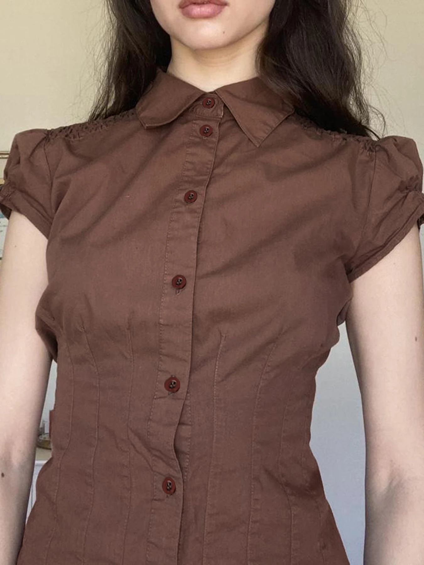 2025 americano retro formal marrom camisas femininas botão até turn down colarinho puff manga shirring bainha plissada magro casual topos