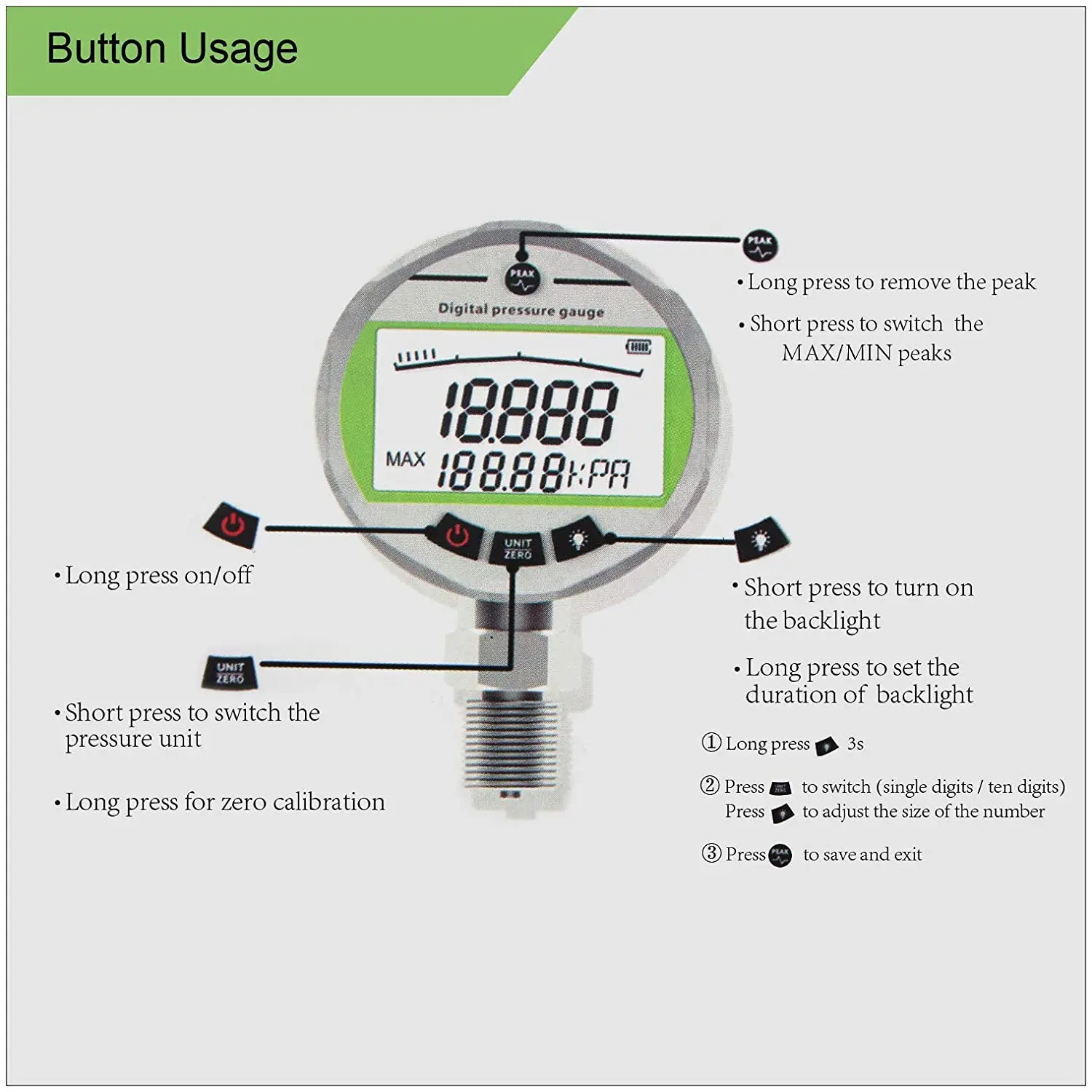 Digital Pressure Gauges 0-25MPA 3600PSI w/ NPT1/4 G1/2 M10*1 Interface 1%FS Accuracy Hydraulic Air Gas Water Oil Pressure Gauge