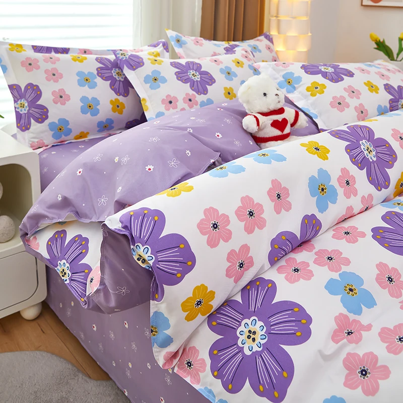 Purple Flower Duvet Cover Set 4pcs Colorful Floral Bedding with Flat Sheet Garden Style Comforter Sets for Woman Girl Bed Linens