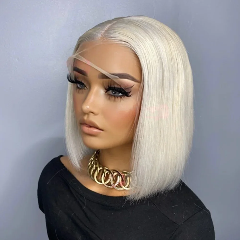 

White Wig Short Bob Lace Front Wig 12 Inches 13x4 HD Transparent Straight Pre Plucked synthetic and blend High Quality For Women