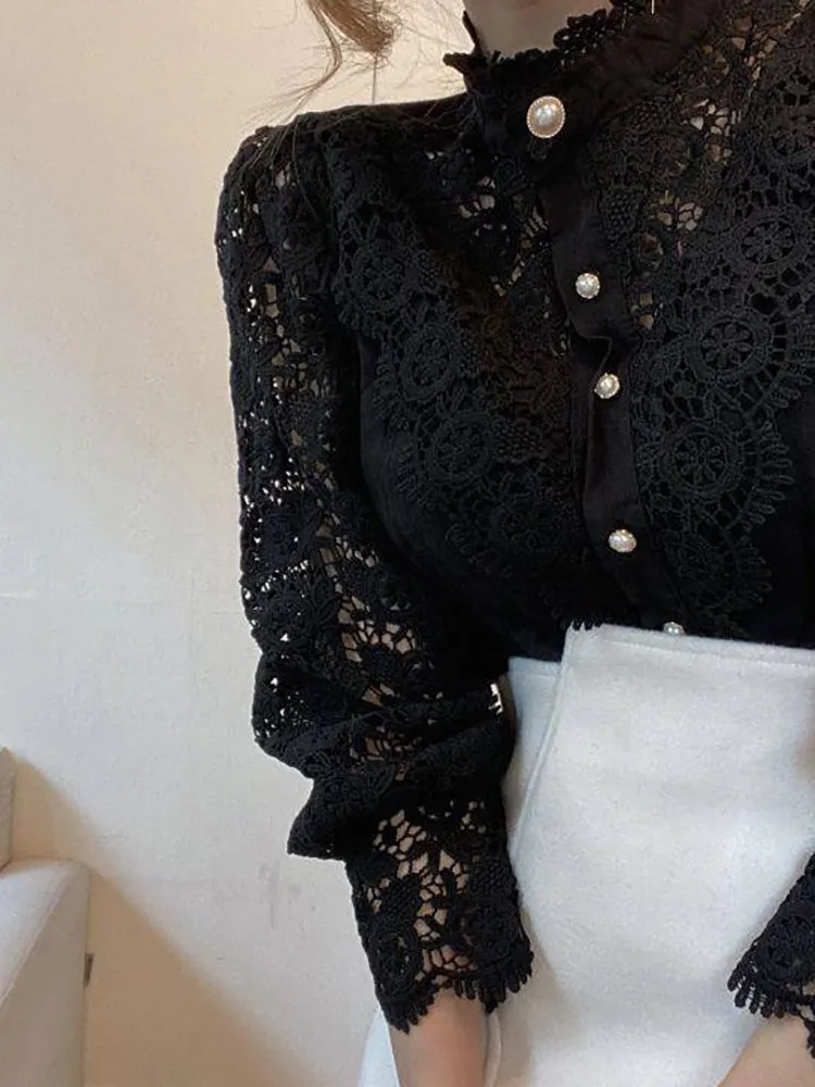 Spring Summer Women Vintage White Lace Blouse Shirts Fashion Korean Button Loose Shirt Tops Female Hollow Casual Ladies Blouses