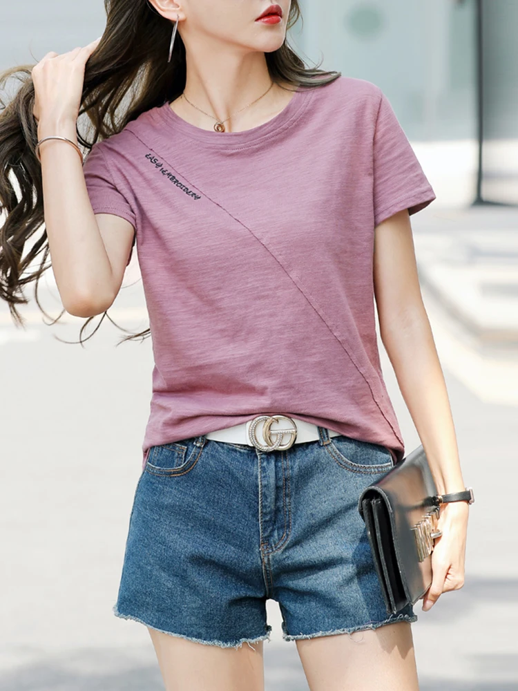 2026 Sommer T-Shirt Damen 100% Baumwolle Kurzarm-Shirts Tops O-Ausschnitt Shirt Tees Locker Sitzende Patchwork-Tops Lässig Hochwertig – Detail 7