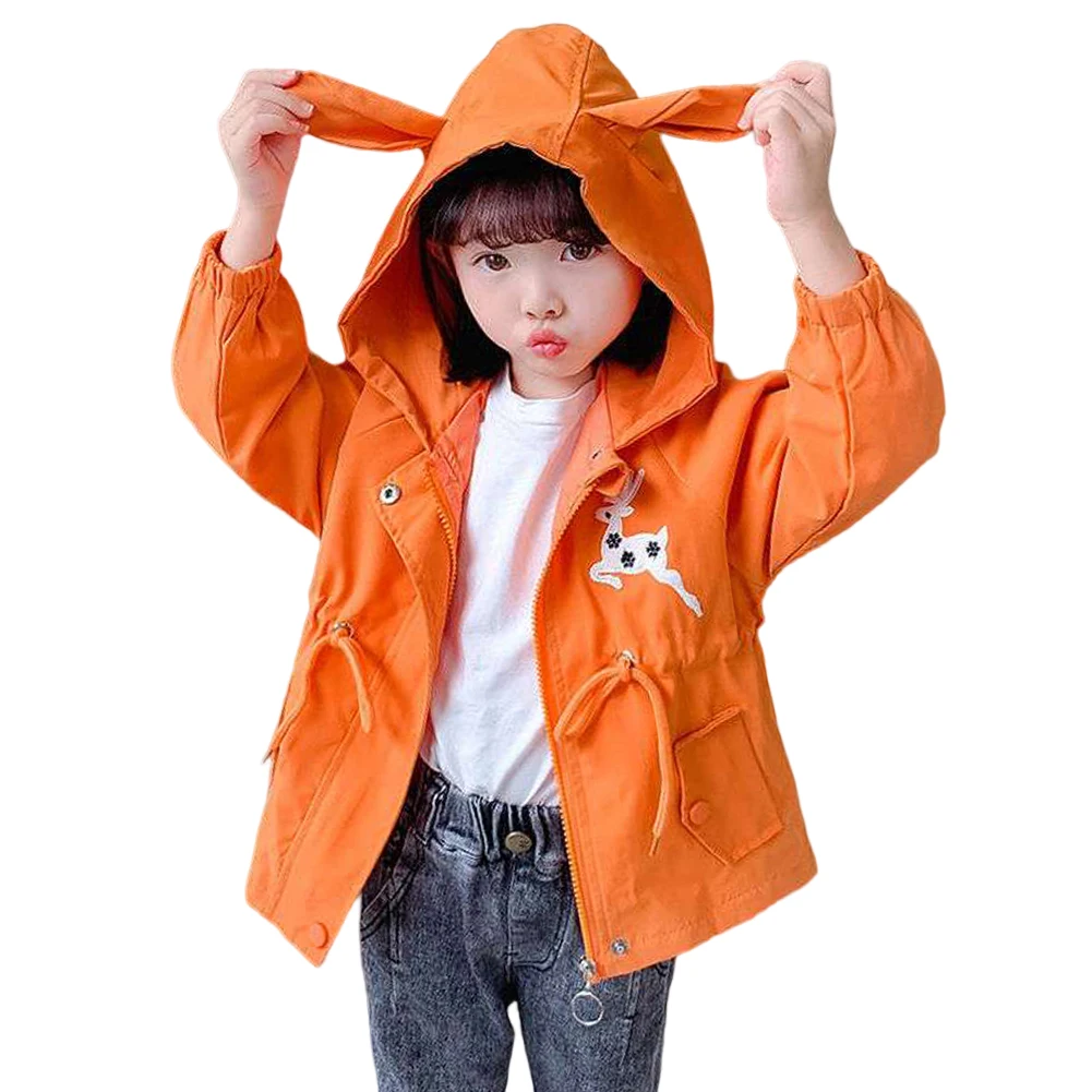 Little Deer Decal Girls Coat Long Sleeve Drawstring Hooded Windbreaker Kids Lightweight Trench Coat Children's Jacket Outerwear