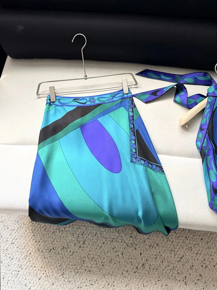 Summer Fashion Casual Resort Asymmetrical Geometric Print Long Skirt Women's Middle Waist Slim Elegant Side Split A-Line Skirt