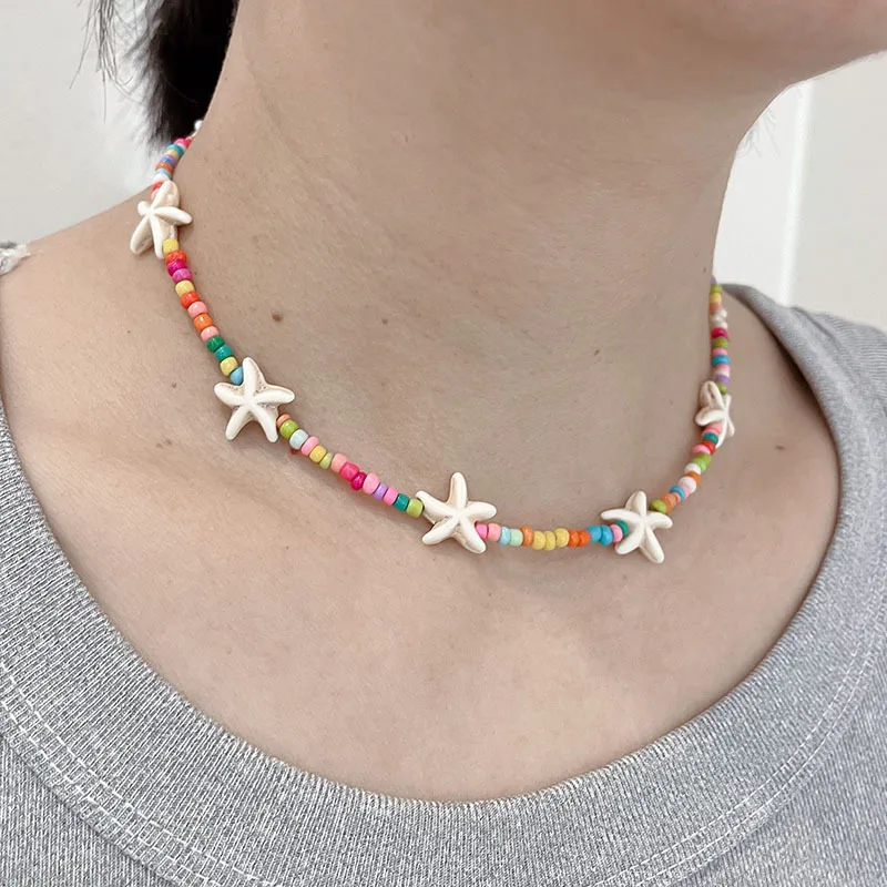 Bohemia Colorful Rice Beads Choker Necklace for Women Summer Beach Starfish Pendant Necklace Fashion Clavicle Chain Jewelry Gift