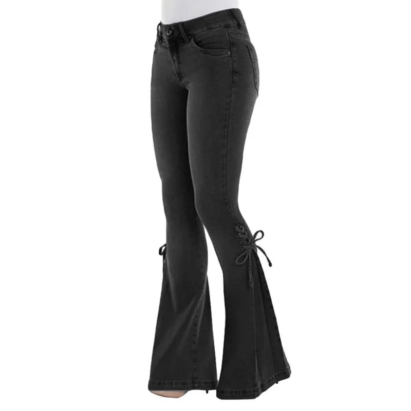 Women Lace Up Bow Long Wide Leg Flare Jeans 2024 Vintage Classic Denim Pants High Waist Solid Stretch Jean Trousers for Female