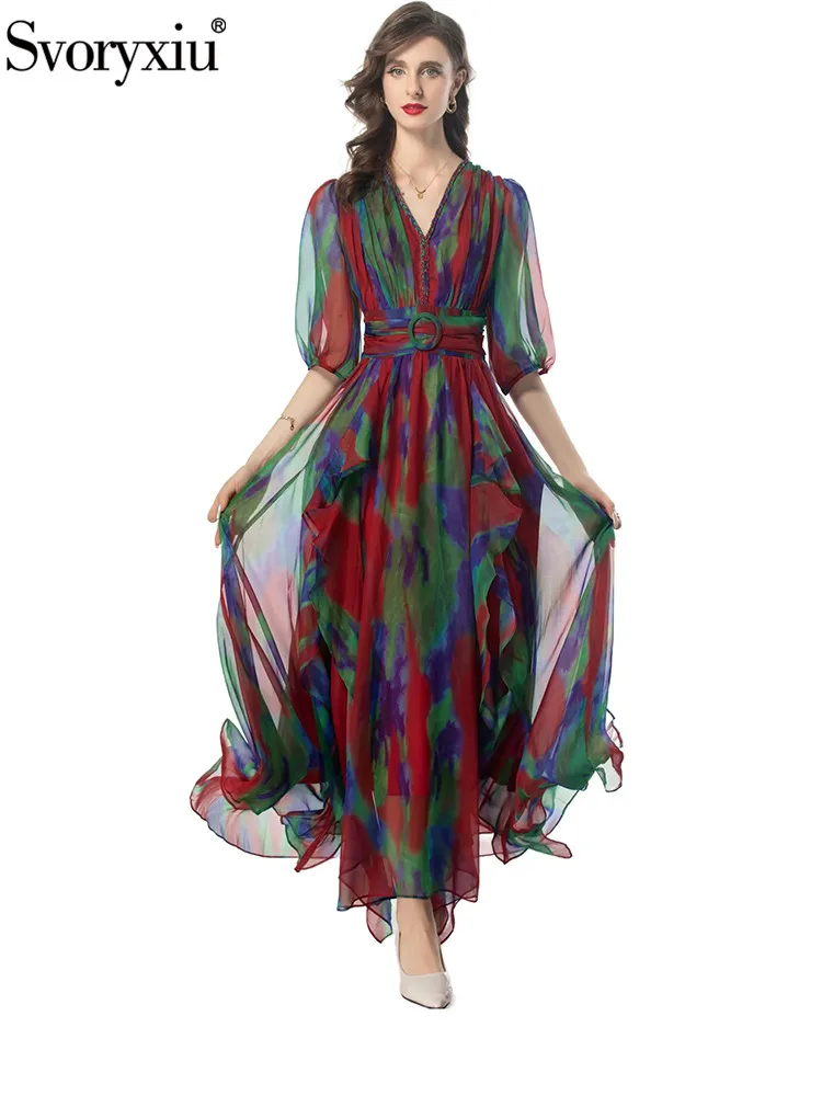 

Svoryxiu Runway Fashion Summer Party Vintage Print Long Dress Women's V-Neck Lantern Sleeve High Waist Big Swing Dress