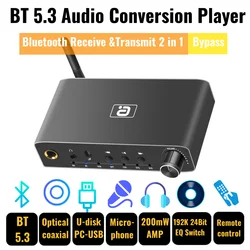 192K DAC Bluetooth 5.3 Music Receiver Transmitter Coaxial Optical Bypass Digital to Analog Audio Converter PC-USB Headphone Amps