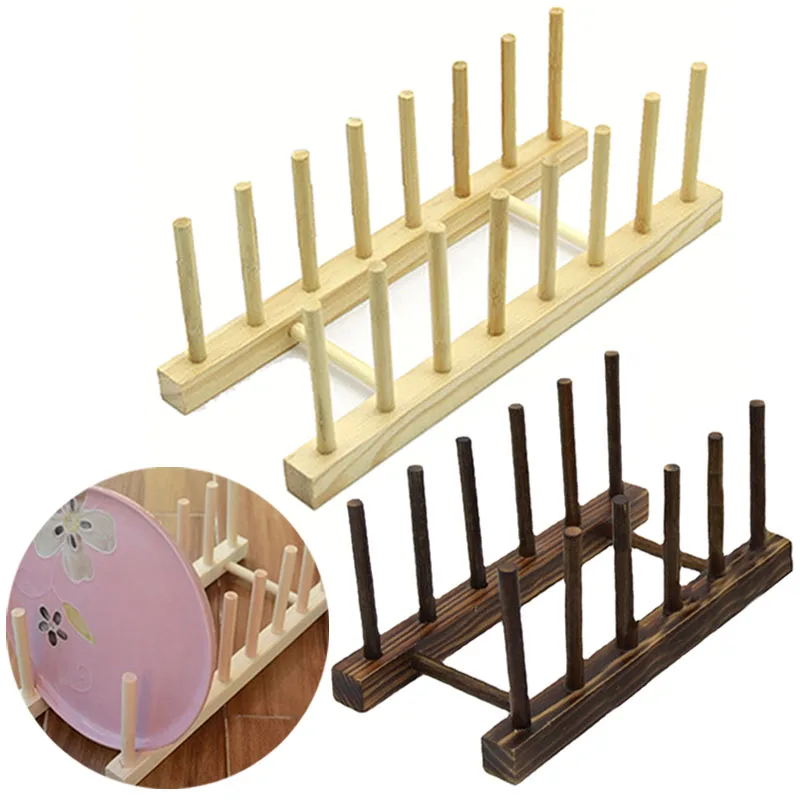 Wooden Dish Drainer Rack Kitchen Utensils Dishes Stand Pot Lid Racks Study Shelf Wooden Bookcase Home Organizer Decoration