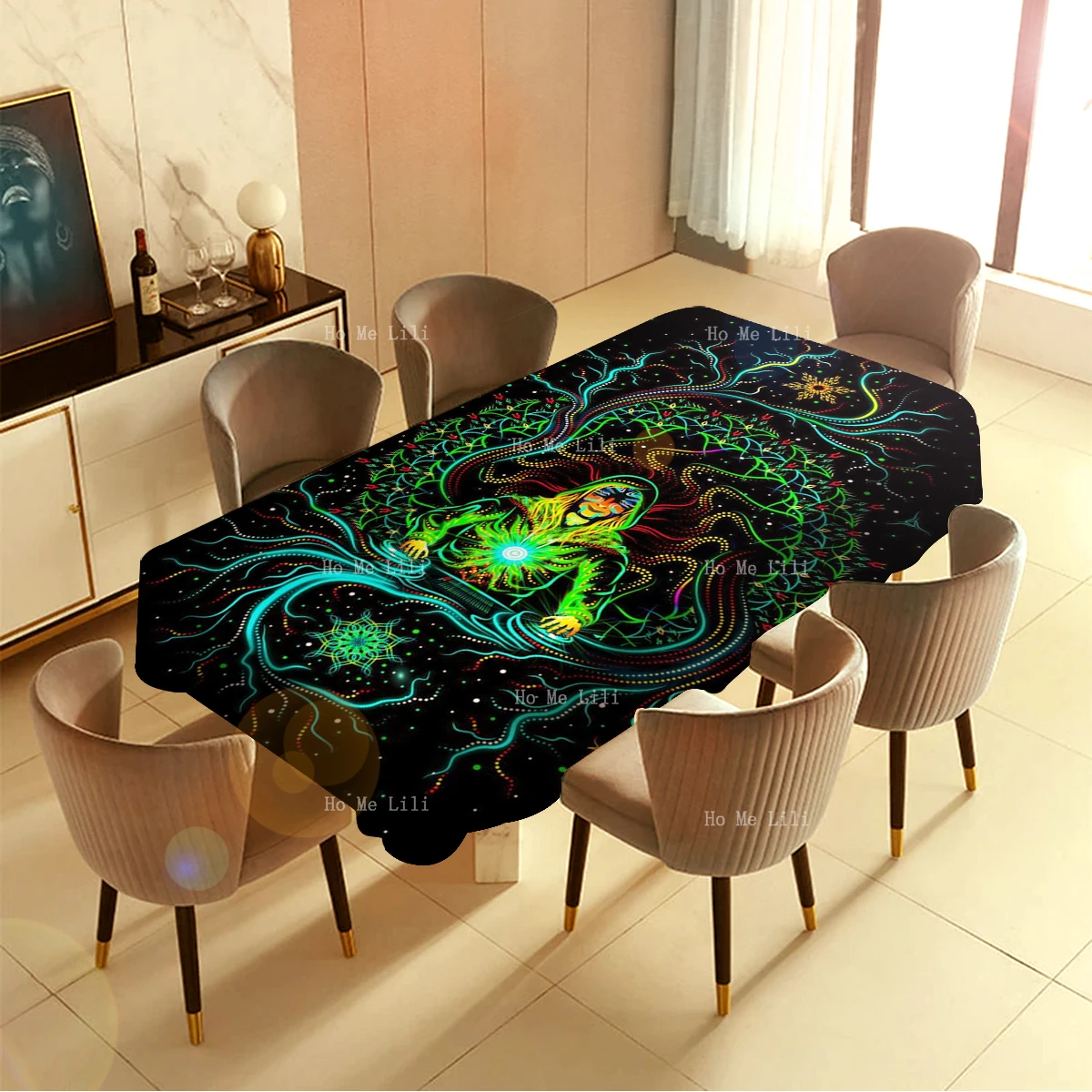 Shamanism Psychedelic Art Crystal Elves Owl Forest Line Leaf Moon Animal Bird Stain Resistant Tablecloth By Ho Me Lili