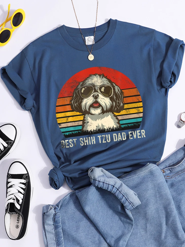 최고의 Shih Tzu Dad Ever Kawaii 여성 티셔츠, 통기성 캐주얼 티셔츠, 패션 크롭탑 만화 S-Xxxl 여성 티셔츠, 여름