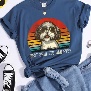 최고의 Shih Tzu Dad Ever Kawaii 여성 티셔츠, 통기성 캐주얼 티셔츠, 패션 크롭탑 만화 S-Xxxl 여성 티셔츠, 여름
