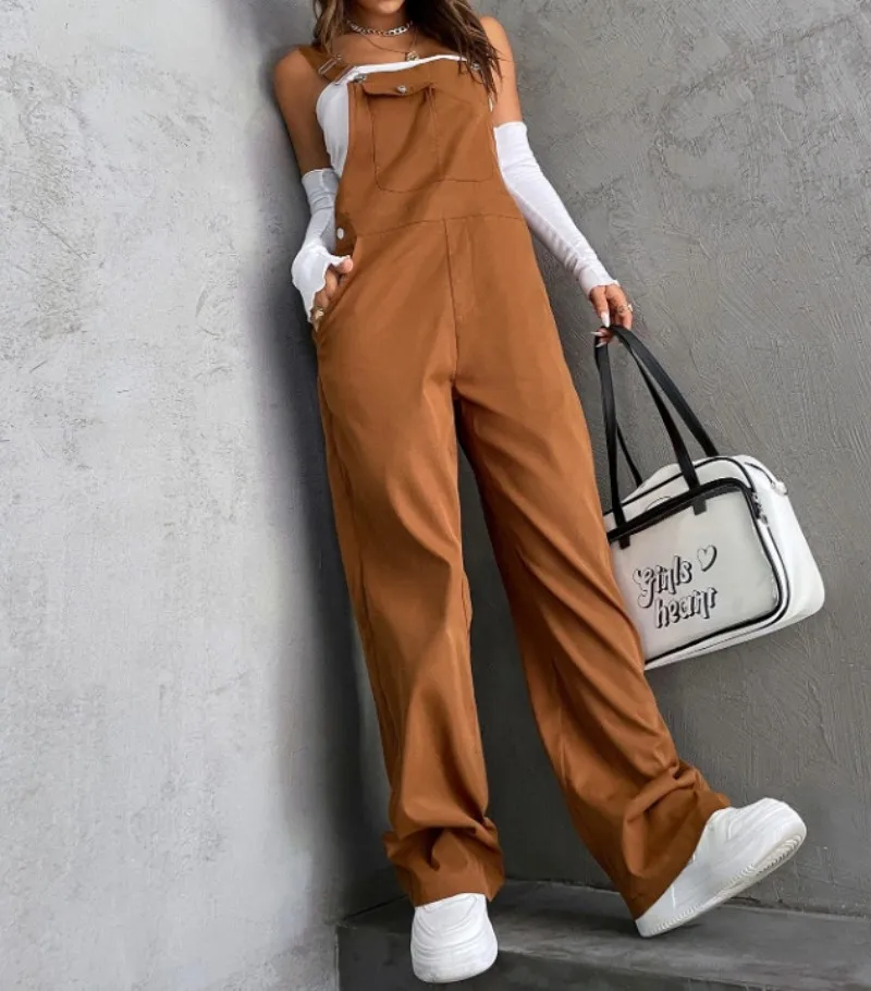 European and American Retro Pocket Solid Color Straight Overalls Jumpsuit Loose Stylish Casual Pants for Women