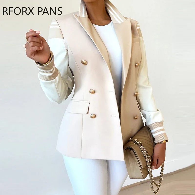 Women Elegant Solid Patchwork Turn Down Color Double Breased Long Sleeves Blazer Jacket