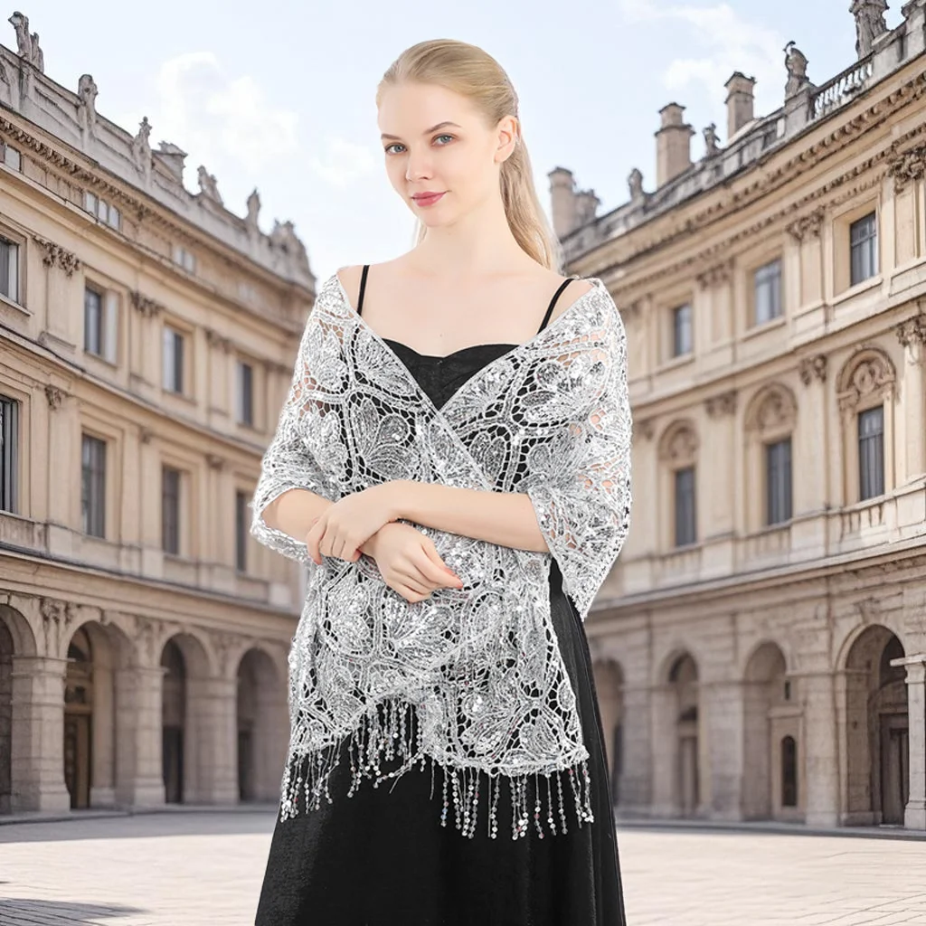 

2025 Elegant Sequins Tassel Pashminas Shawl Party Evening Dress Outer Pure Color Scarf Women Luxury Bridesmaid Openwork Shawl