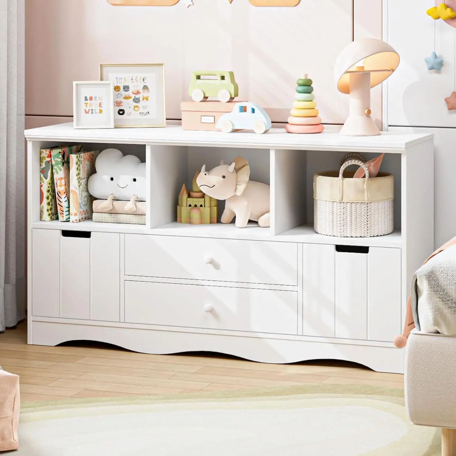 

51.2" Large Toy Storage Organizer with 2 Drawers and 3 , Toy Organizers and Storage for Books or Dolls, Bookshelf