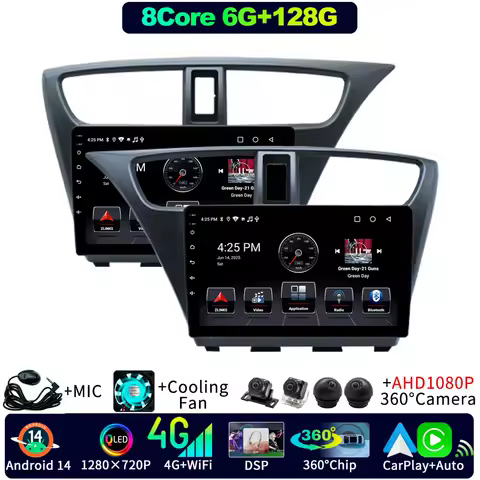 Android 14 For Honda Civic 9 Type R Hatchback FK 2011-2017 CarPlay GPS Car Radio 360 Panoramic Camera AHD1080P Multimedia Player