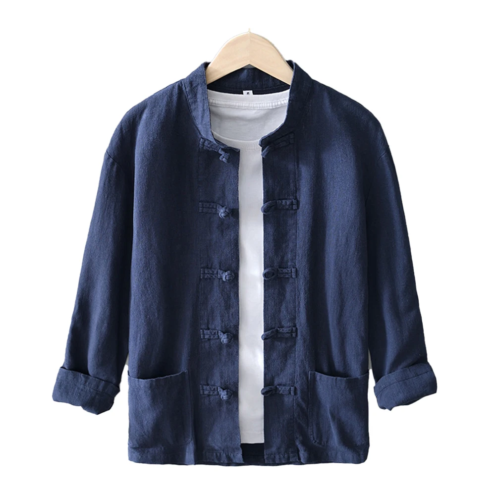 

Mens Long Sleeve Chinese Shirt with Button Down Front Stand Collar Tang Suit Uniform Top for Casual and Party Settings