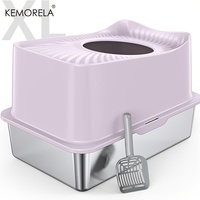 KEMORELA Stainless Steel Cat Litter Box Pet Toilet With Lid With Anti-Splash Cover And Plastic Scoop-360 Degrees Fully Enclosed